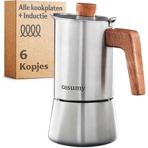 Espressomaker voor 6 kopjes van roestvrij staal en eikenhout - Geschikt voor inductie en gas