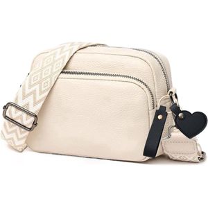 Ultiluxe® Crossbody tas - Beige/creme - Met hart sleutelhanger - Schoudertas voor dames - 20 x 14 x 8 cm - Met afneembare schouderband - PU leren tas voor vrouwen - Handtas met ritsen - Waterbestendig - Verwijderbare schouderriem