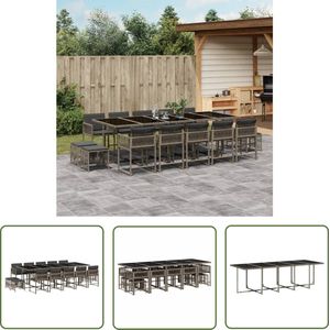 The Living Store 15-delige Tuinset met kussens poly rattan grijs - Tuinset - Buitentafel - Lounge Set - Eetkamerset - Patio Set