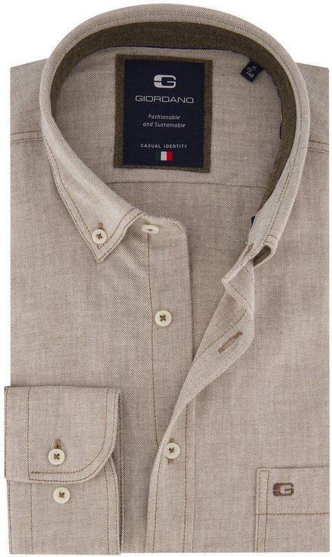 Giordano - Overhemd - Bruin - Lange Mouw - 100% Katoen - Button-Down Kraag