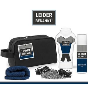 Geschenkset ""Leider bedankt!"" - 4 producten - 500 gram | Toilettas - Cadeau - Man - Toernooi - Voetbal - Volleybal - Hockey - Handbal - Basketbal - Korfbal - Trefbal - Waterpolo - Rugby - Sport - Wedstrijd - Team Leider - Trainer - Coach - Blauw