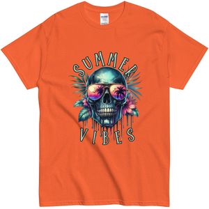 Dames en Heren T Shirt - Zin in de Zomer Vibes - Grappige Skull Illustratie - Oranje - S