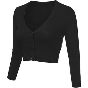 Dames Cardigan Lichtgewicht Lange Mouwen V-hals Open Voorkant Knop Down Bolero Sweater Zwart