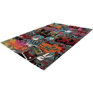 Lalee Freestyle vloerkleed- artistiek karpet- kleurrijk- hip en trendy- love peace dessin- grafeti- ps5- kunst- vlinder tapijt- 200x290 cm multi kleuren grijs groen pink picasso