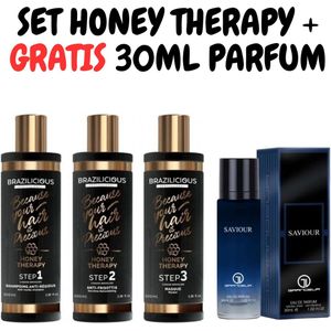BRAZILICIOUS Honey Therapy Keratine 3 x 100ml + GRATIS 30ml GRANDEUR Saviour Intense Parfum – Keratine Behandeling Set – Voor Uitstekende Resultaten