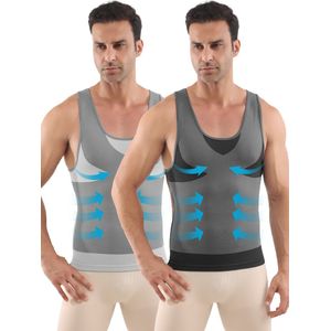 MEETHOO Corrigerend Hemd Mannen -2 Stuks - Body Buik Shapewear Shirt - Slim Waist Shaper - Mode - Body Shaper - Mouwloos-Zwart + Grijs-L