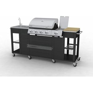 <p>Deze professionele barbecue is een kleine keuken op wielen. Hij is gemaakt van stevig en duurzaam roestvrij staal en is voorzien van 4 branders en een zijbrander. Dankzij de grote draaiknoppen kan je de branders eenvoudig bedienen. Ook de spoelbak en kastjes zijn van staal.</p>
<p>Deze gasbarbecue is altijd mobiel omdat hij 8 wielen heeft. De barbecue heeft een stevige roestvrijstalen grillkap met daarin een ingebouwde temperatuurmeter. Ook inbegrepen is een uittrekbare vetopvangbak. Deze barbecue is geschikt voor butaan, propaan of LPG-gas. Om de gasfles aan te sluiten is een gasslang en een geschikt gasdrukventiel nodig (beide niet inbegrepen).</p>
<p>Specificaties:</p>
<ul>
  <li>Materiaal deksel, brander en paneel: roestvrij staal</li>
  <li>Materiaal basis: gelakt staal</li>
  <li>Afmetingen: 59 x 204 x 112 cm</li>
  <li>Grilloppervlak: 66 x 46,5 cm</li>
  <li>Aantal bedieningsknoppen: 5</li>
  <li>Aantal wielen: 8</li>
  <li>Branders: 48.000 BTU/u = 14 kW (4 x 12.000 BTU)</li>
  <li>Zijbrander: 10.000 BTU/u (2,9 kW)</li>
  <li>Ontsteking: elektronisch</li>
</ul>