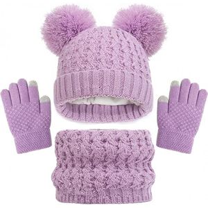 paars - Sjaal en handschoenen Hoed 3-delige set, kinderen gebreide warme nekwarmer muts touchscreen handschoenen, winteraccessoires voor meisjes jongens 2-8 jaar oud skiën buitenactiviteit