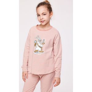 Woody pyjama meisjes/dames - roze-gebroken wit- gestreept - haas - 232-10-PZG-Z/919 - maat 152