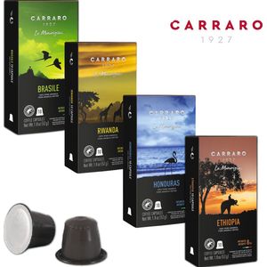 Caffè Carraro - Single-Origin Nespresso Capsules Proefpakket (120 st.) - 4 smaken - Espresso & Lungo - Koffiecups - Ethiopië, Brazilië, Rwanda, Honduras
