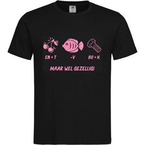 T-shirt Unisex Volwassenen Kerst Kerstmis Man Vrouw Grappig Tekst Rebus ""Kerst is KUT maar wel gezellig!!"" Op Voorkant | korte mouw | Zwart/Roze GLITTER | maat L