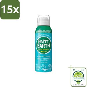 15 x Happy Earth – Deodorant Natural Air Spray – 100% Natuurlijk Cedar Lime – 100 ml - Grootverpakking - Natuurlijke Deodorant - Cederhout En Limoen - Aerosol Deodorant - 100% Natuurlijk - Luchttechnologie