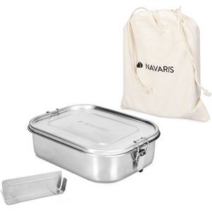 Navaris RVS broodtrommel met verdeler - Meal prep bakje - Vershouddoos - Lunchbox - 21,8 x 16,7 x 6 cm - Inhoud 1,4 liter - Vaatwasersbestendig
