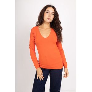 Warme dames fijngebreide trui Emily met V-hals effen oranje lange mouwen Maat S/M