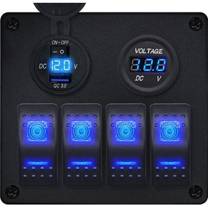 ProRide Schakelpaneel 12V voor Auto/Boot - USB Lader met Voltmeter - 5V/2.4A - 4 Schakelaars