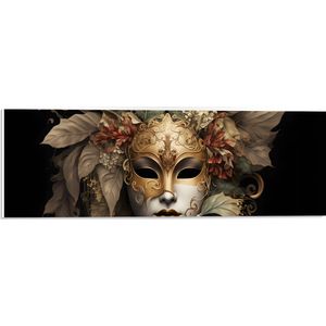 PVC Schuimplaat- Venetiaanse carnavals Masker met Gouden en Beige Details tegen Zwarte Achtergrond - 60x20 cm Foto op PVC Schuimplaat