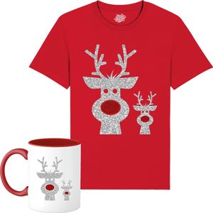 Rendier Buddies - Foute Kersttrui Kerstcadeau - Dames / Heren / Unisex Kleding - Grappige Kerst Outfit - Glitter Look - T-Shirt met mok - Unisex - Rood - Maat 4XL