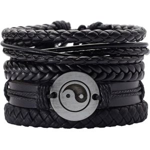 Fako Bijoux® - Leren Armband - Leder - Set Yin Yang - 5 Stuks - Zwart