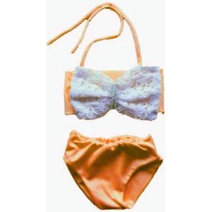 Maat 152 Glitter Bikini zwemkleding Neon Oranje strik van kant badkleding voor baby en kind zwem kleding