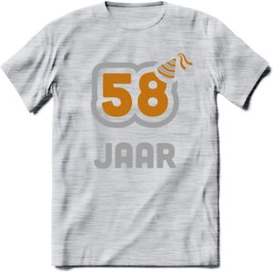 58 Jaar Feest T-Shirt | Goud - Zilver | Grappig Verjaardag Cadeau Shirt | Dames - Heren - Unisex | Tshirt Kleding Kado | - Licht Grijs - Gemaleerd - 3XL