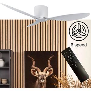 Plafondventilator Brezza 3 blad 132 cm wit - stilste ventilator 2025 – top kwaliteit - energie zuinig – met remote - ventilator voor laag plafond - 6 snelheden – beste alternatief voor airco - zomer en winter stand – witte ventilator