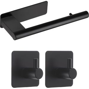 Toiletpapierhouder, zonder boren, met 2 stuks zelfklevende haken, 304 roestvrij staal, wc-papierhouder, mat zwart, voor badkamer en keuken, toilet