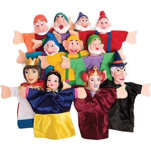 Poppenkastpoppen Sneeuwwitje - Set met 11 Handpoppen - 7 Dwergen, Sneeuwwitje, de Heks, Koningin en 7 dwergen!