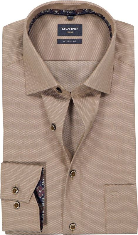 OLYMP Luxor modern fit overhemd - structuur - noga bruin - Strijkvrij - Boordmaat: 46
