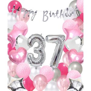 Snoes Ballonnen 37 Jaar Pink Blush Silver Mega Ballon - Compleet Feestpakket 37 Jaar - Verjaardag Versiering Slinger Happy Birthday – Folieballon – Latex Ballonnen - Helium Ballonnen - Zilver en Roze Verjaardag Decoratie