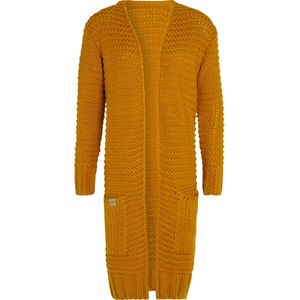 Knit Factory Alex Lang Gebreid Dames Vest - Grof gebreid geel damesvest - Cardigan voor de herfst en winter - Lang vest tot over de knie - Oker - 36/38
