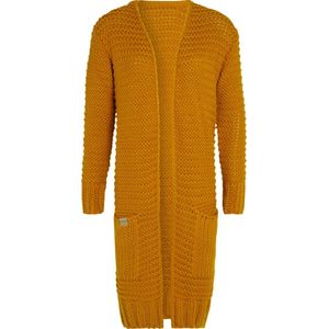 Knit Factory Alex Lang Gebreid Dames Vest - Grof gebreid geel damesvest - Cardigan voor de herfst en winter - Lang vest tot over de knie - Oker - 36/38