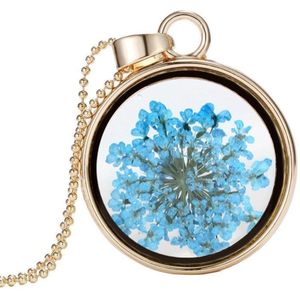 Fako Bijoux® - Ketting - Gedroogde Bloem - Rond - Goudkleurig - Blauw