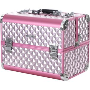 Make-up Koffer Met Diamantpatroon - Ruime Makeup Organizer Voor Cosmetica, Juwelen en Haaraccessoires - Zilverkleurig Roze 36 x 28 x 23 cm