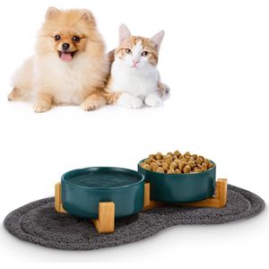 Voerbak voor honden, keramische voerbak voor katten, dubbele voerbak voor honden en katten, met bamboe standaard en antislip onderlegger (400 ml, 2 groen, 400 ml, 2 stuks)