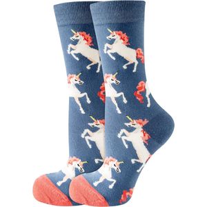 Sokken met Eenhoorns - Fun Fantasy Socks - Dames/Kinderen maat 36-40 - Blauw/roze