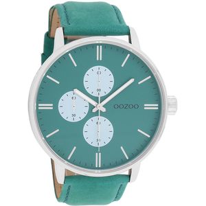 OOZOO Timepieces - Zilverkleurige horloge met groene leren band - C10313