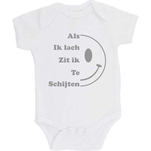 100% katoenen Romper bedrukt met grappige tekst Kado Cadeau Kraamkado Kraamcadeau ""Als ik Lach Zit ik Te Schijten"" Unisex Katoen Wit/grijs Maat 68/74
