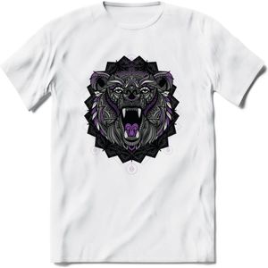 Beer - Dieren Mandala T-Shirt | Paars | Grappig Verjaardag Zentangle Dierenkop Cadeau Shirt | Dames - Heren - Unisex | Wildlife Tshirt Kleding Kado | - Wit - S