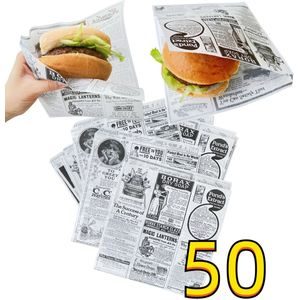 Rainbecom - 50 Stuks - 19 x 17 cm - Hamburger Zakje Papier - Vetvrij Papier - Papieren Zak voor Sandwiches - Krant