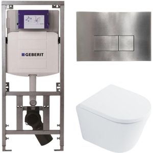 QeramiQ Dely Toiletset - 36.3x51.7cm - diepspoel - rimless - Geberit UP320 Burda inbouwreservoir - softclose toilet zitting 35 mm - steel bedieningsplaat - rechthoekige knoppen - wit glans