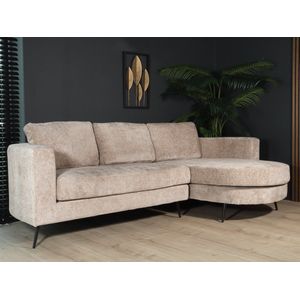 Hoekbank rond design Nox 250cm bank met ronding taupe chenille bankstel rechts loungebank