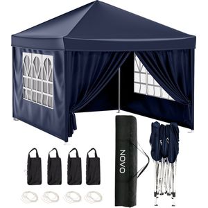 NOVO® Partytent - Easy up - 3 x 3m - Paviljoen met Zijpanelen - Opvouwbaar - Waterdichte Tent - In Hoogte Verstelbaar - Blauw