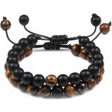 Fako Bijoux® - Dubbele Kralen Armband - 8mm - Natuursteen Armband Koord - Tijgeroog & Zwart