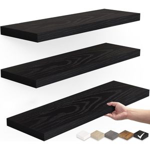 Zwevende wandplanken, rustieke houten wandplanken voor badkamer, slaapkamer, woonkamer, keuken, hangende planken voor boeken/opslag/kamerdecoratie, draagvermogen 22 lbs (zwart, set van 3, 15,7 inch)