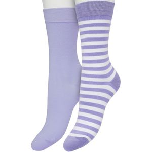 Bonnie Doon Sokken Set Gestreept en Effen voor Dames Lila/Wit maat 36/42 - Set met 2 paar Sokken - Strepen - Katoenen Sok - Gladde Naden - Brede Boord - Perfecte Pasvorm - 2-pack - Multipack - Licht Paars - Lichtpaars - White - Lilac - OL041101.268