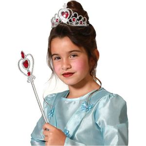 Atosa Carnaval verkleed Tiara/diadeem - Prinsessen kroontje met toverstokje - zilver/rood - meisjes