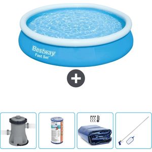 Bestway Rond Opblaasbaar Fast Set Zwembad - 366 x 76 cm - Blauw - Inclusief Pomp Filter - Solarzeil - Schoonmaakset