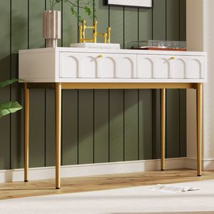 Kaptafel met 2 lades - ladekast slaapkamer highboard - witte dressoir ladekast met gouden poten voor slaapkamer - crèmewit -H76,5/B100/D45 cm