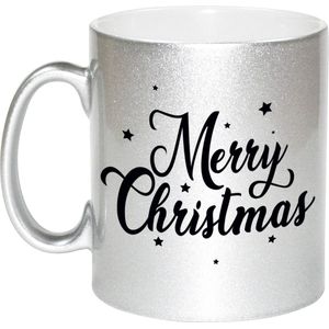 Cadeau kerstmok Merry Christmas met sterren - 330 ml - zilverkleurig - keramiek - mok / beker