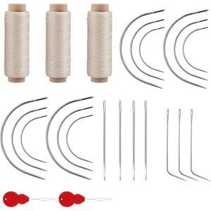Sewing Needles Set with Thread Insert - 25pcs Curved Beige Hand Sewing Needles for Making Wigs, Hair Weft, and Braid Extension
